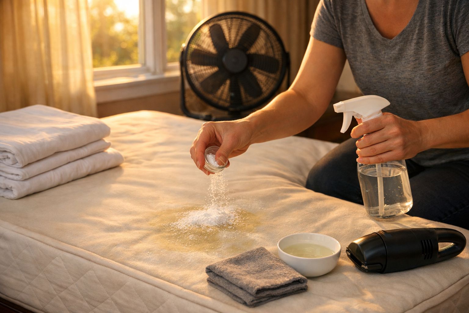 Pessoa a limpar colchão com spray e pó, ventilador ao fundo, toalhas e aspirador ao lado.