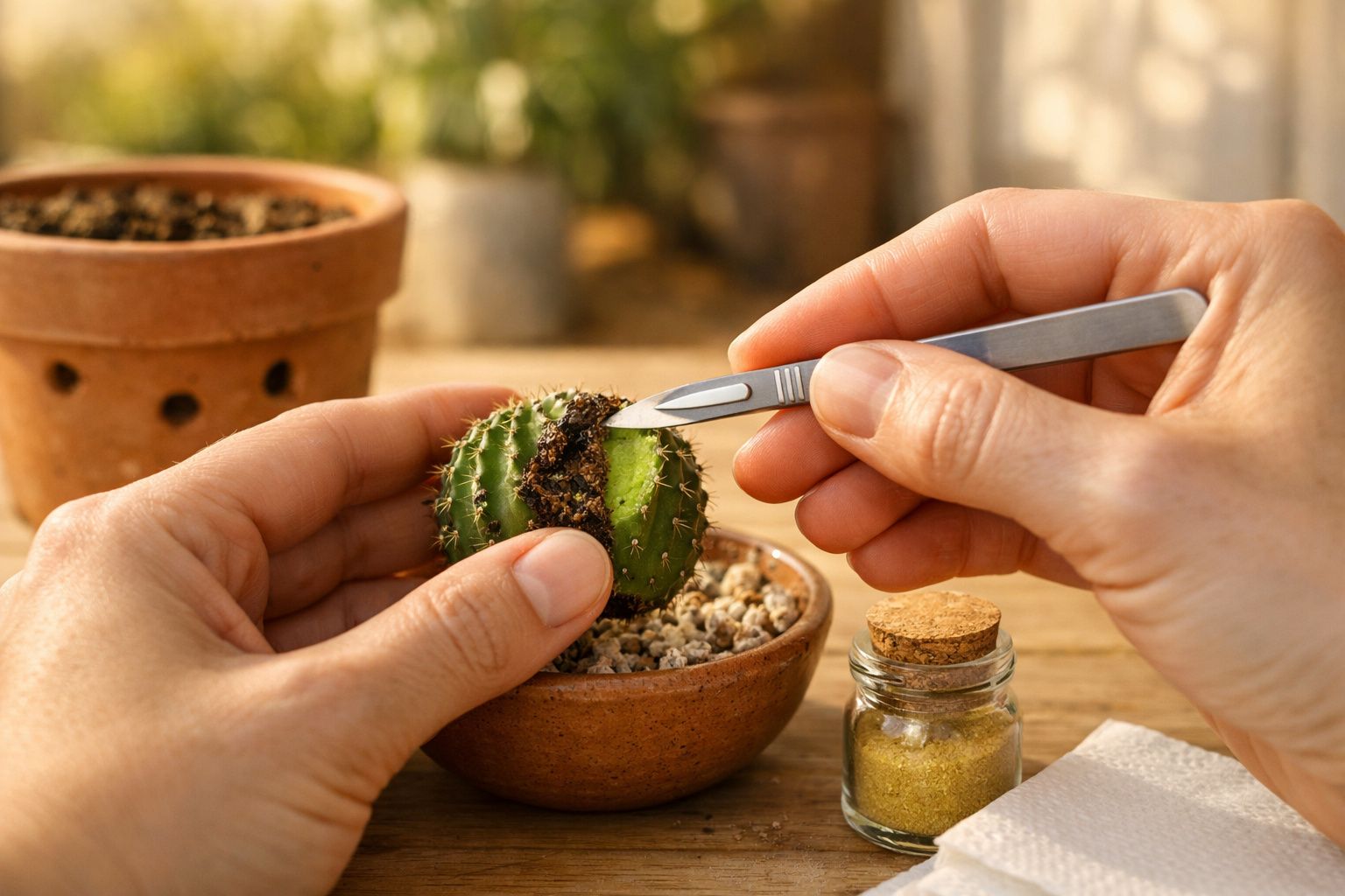 Mãos usando uma pinça para retirar terra de um cacto em vaso, com frasco de vidro ao lado.