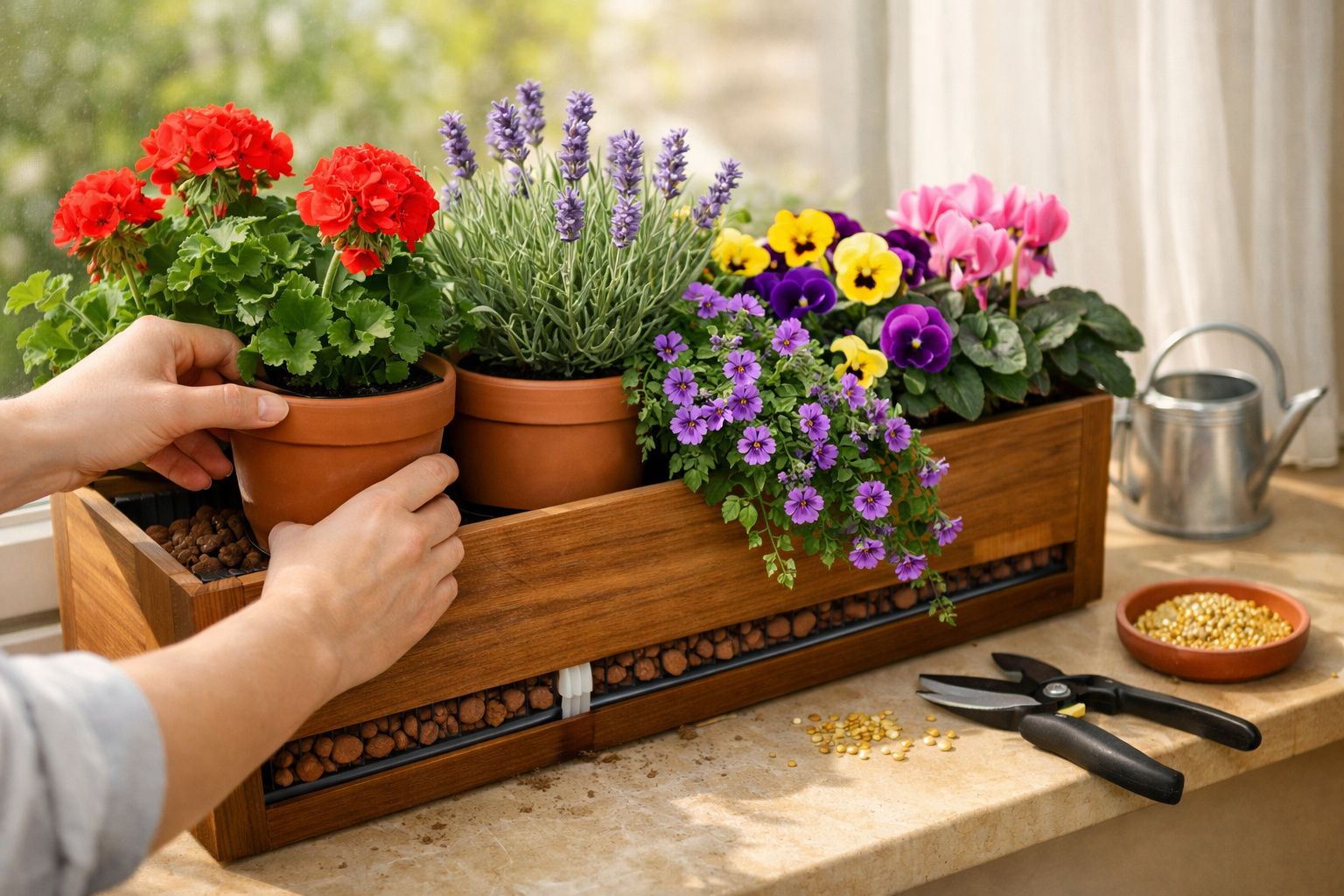Mãos organizando vasos de flores coloridas num suporte de madeira, com regador e tesoura de jardinagem ao lado.