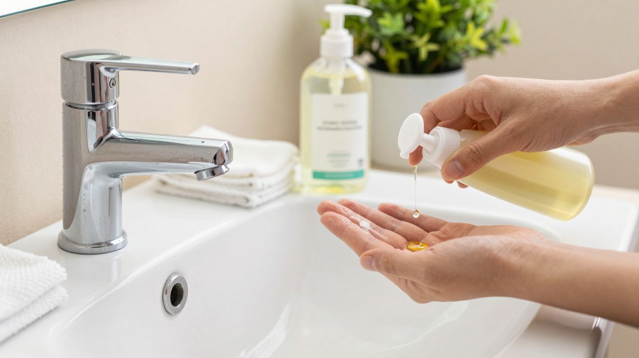 Mãos a aplicar sabonete líquido num lavatório branco, com torneira prateada e toalhas brancas ao fundo.