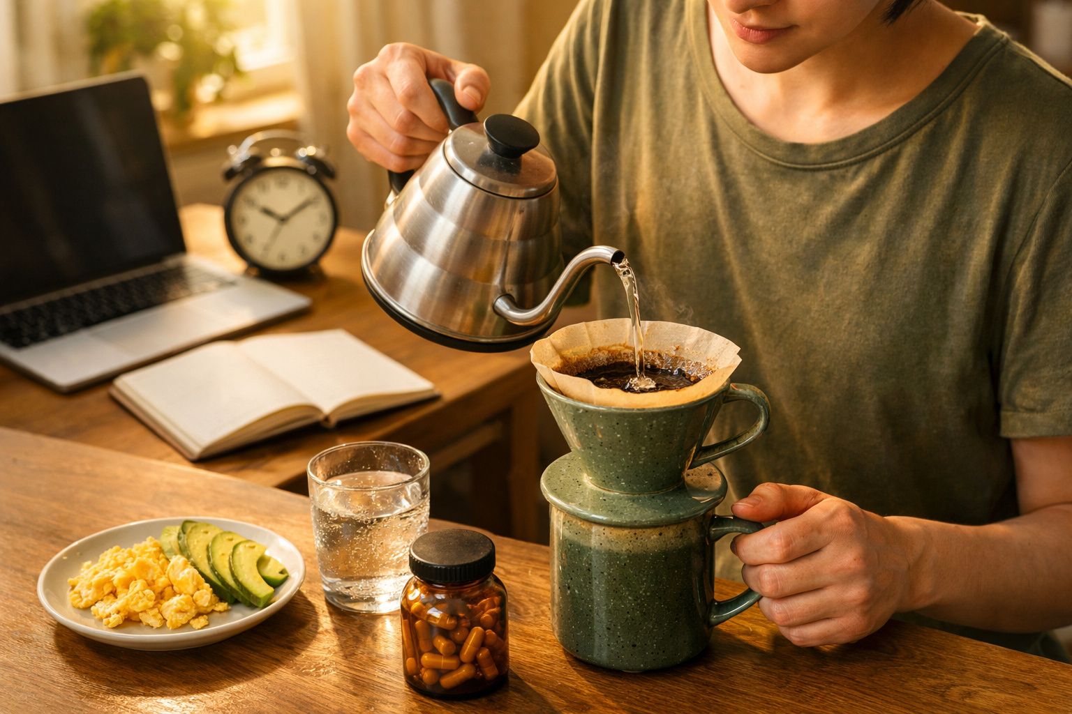 Pessoa a preparar café de filtro numa mesa com pequeno-almoço, laptop e relógio ao fundo.
