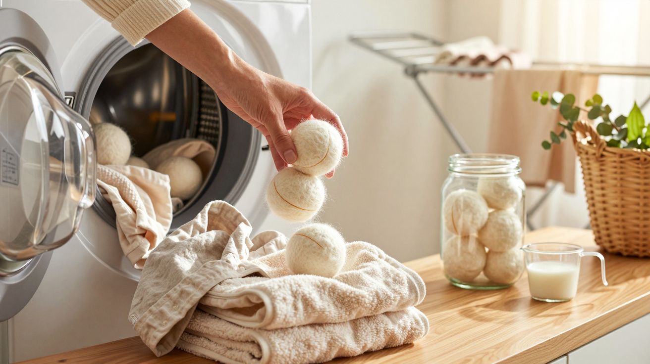 Mão colocando bolas de lã numa máquina de lavar roupa com toalhas em cima de uma mesa de madeira.