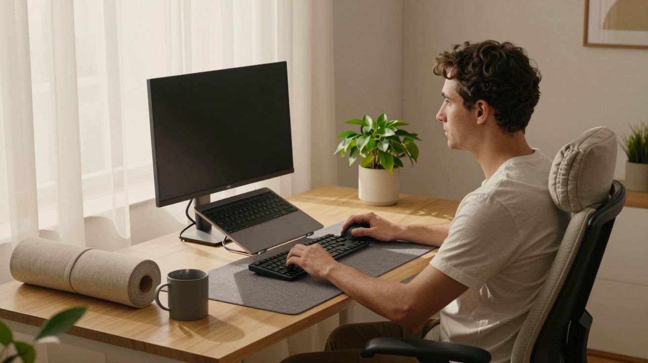 Homem sentado a trabalhar num computador, num escritório iluminado, com plantas na mesa e rolo de papel ao lado.