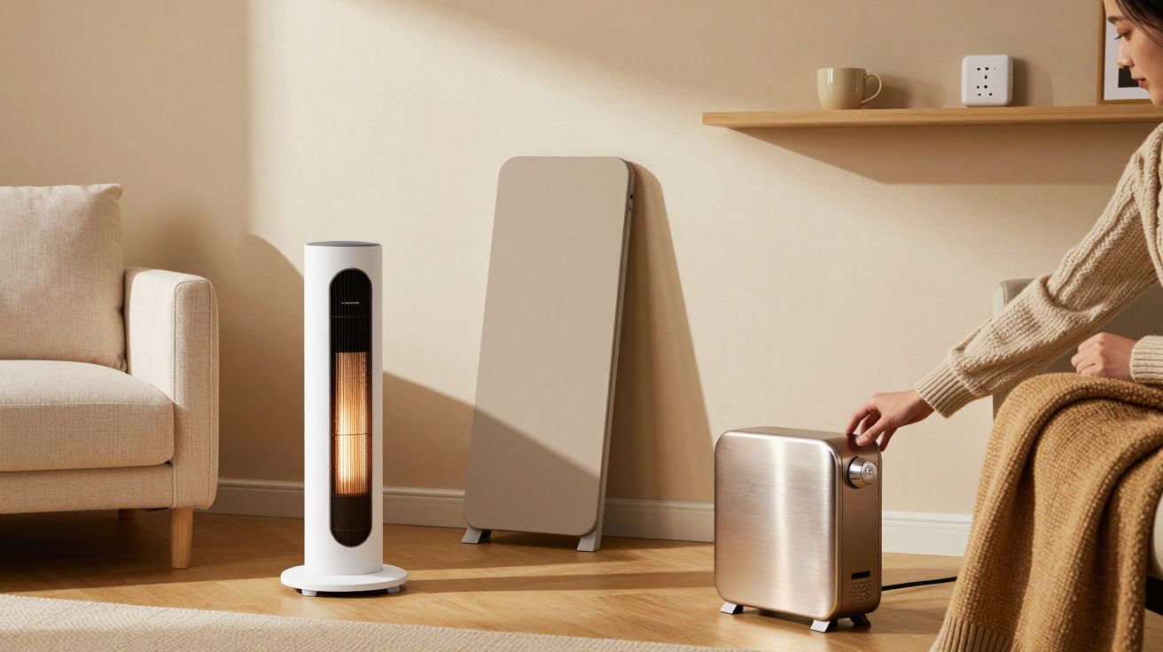 Sala com três aquecedores modernos e uma pessoa ajustando um dos aparelhos, parede bege, sofá e prateleira com caneca.