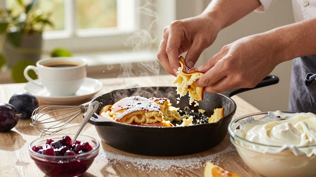 Mãos preparam sobremesa na frigideira com compota e chantilly ao lado. Café e ameixas no fundo.
