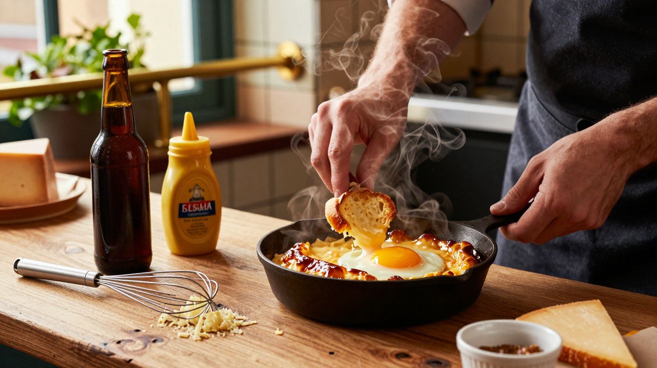 Pessoa molha pão num ovo estrelado numa frigideira, com mostarda e cerveja ao lado, em cima de uma mesa de madeira.