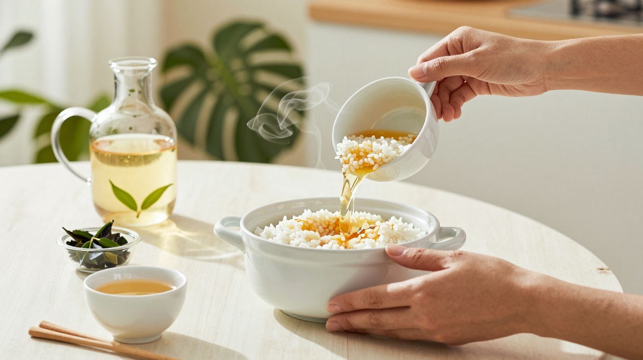 Pessoa a verter chá em arroz cozido numa tigela branca; chávena e garrafa de chá na mesa ao lado.