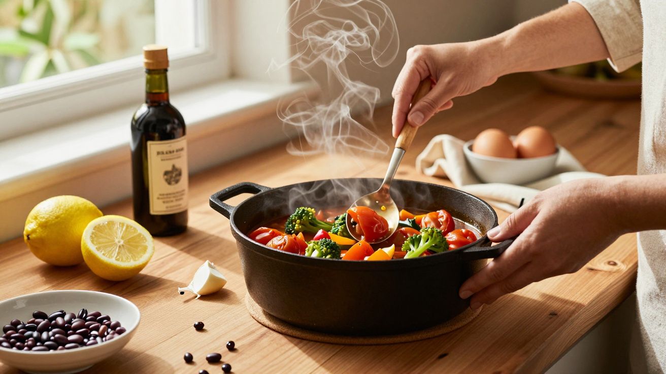 Pessoa cozinha legumes numa panela preta sobre a bancada de madeira, com ovos, limão e azeite ao lado.