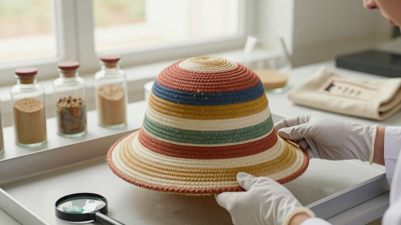 Pessoa de luvas brancas segura um chapéu colorido listado numa mesa com frascos e lupa ao fundo.