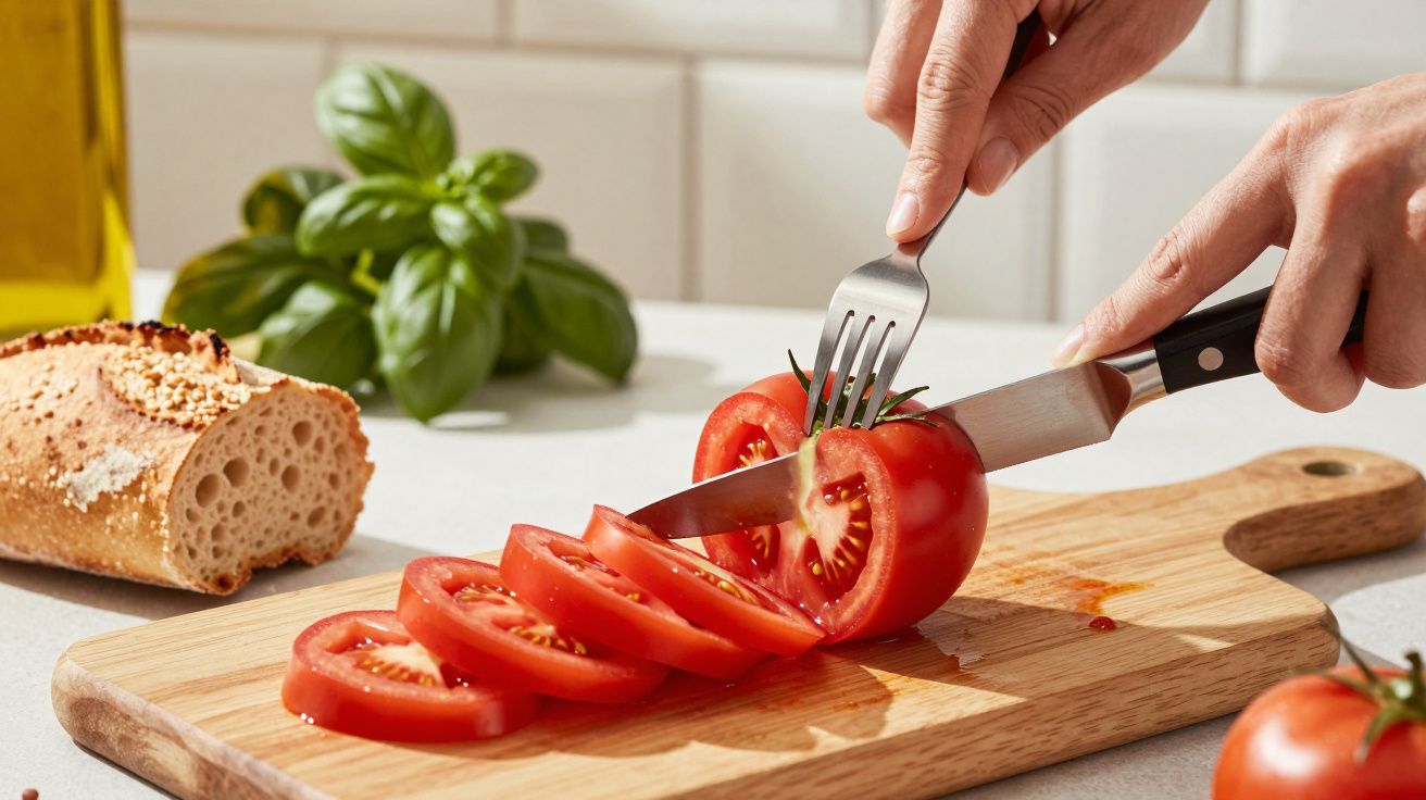 Pessoa corta tomate em fatias sobre uma tábua de madeira. Pão, manjericão e azeite estão ao fundo.