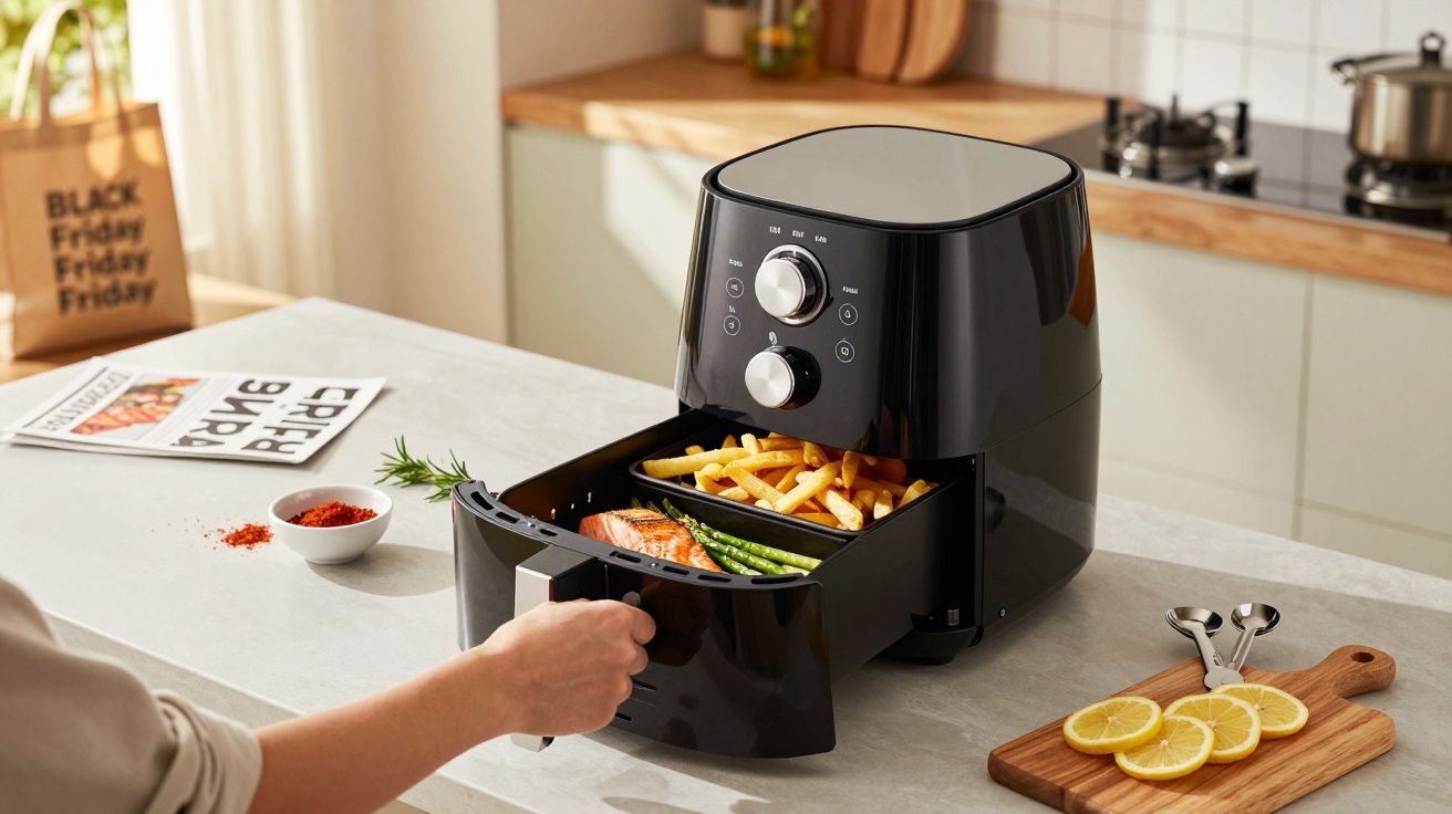 Pessoa a abrir fritadeira sem óleo com batatas fritas, salmão e espargos na cozinha moderna.