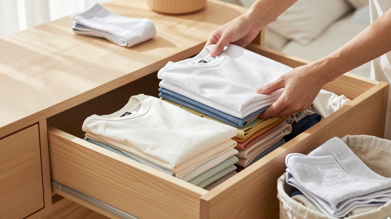 Pessoa a organizar t-shirts dobradas em gaveta de madeira clara, com toalhas e cesto ao lado.