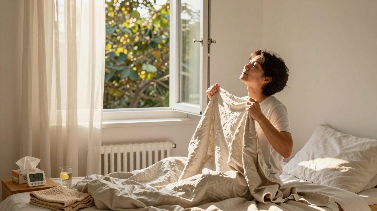Homem sentado na cama pela manhã com a janela aberta, segurando um cobertor, luz suave entra no quarto.