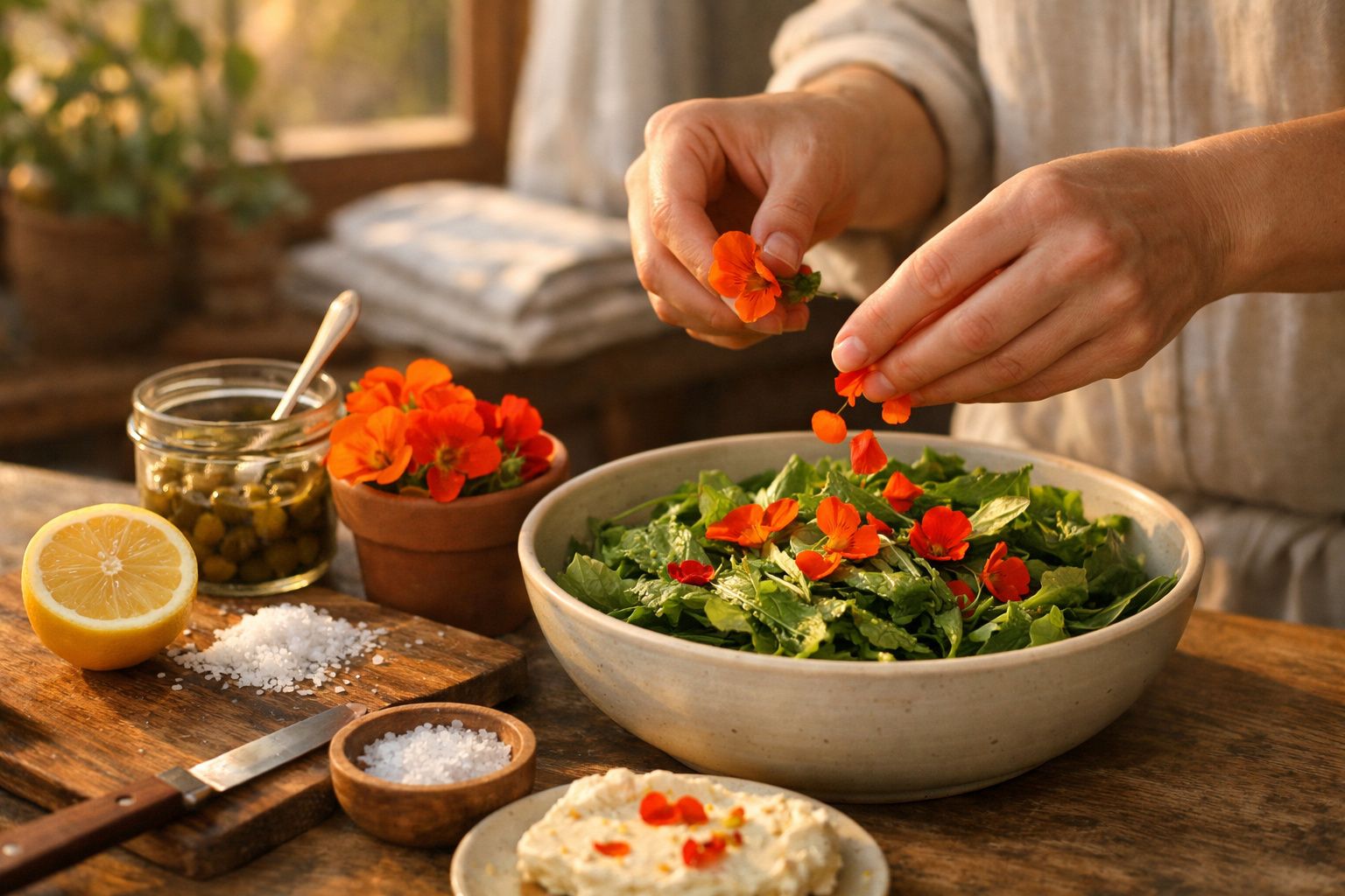 Mãos decorando uma salada verde com flores laranjas em uma mesa com limão, alcaparras e sal.