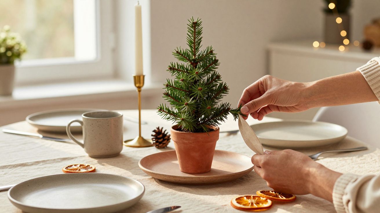 Mesa decorada com pratos, copos, e pinheiro em vaso. Mãos arrumam a mesa em ambiente iluminado.