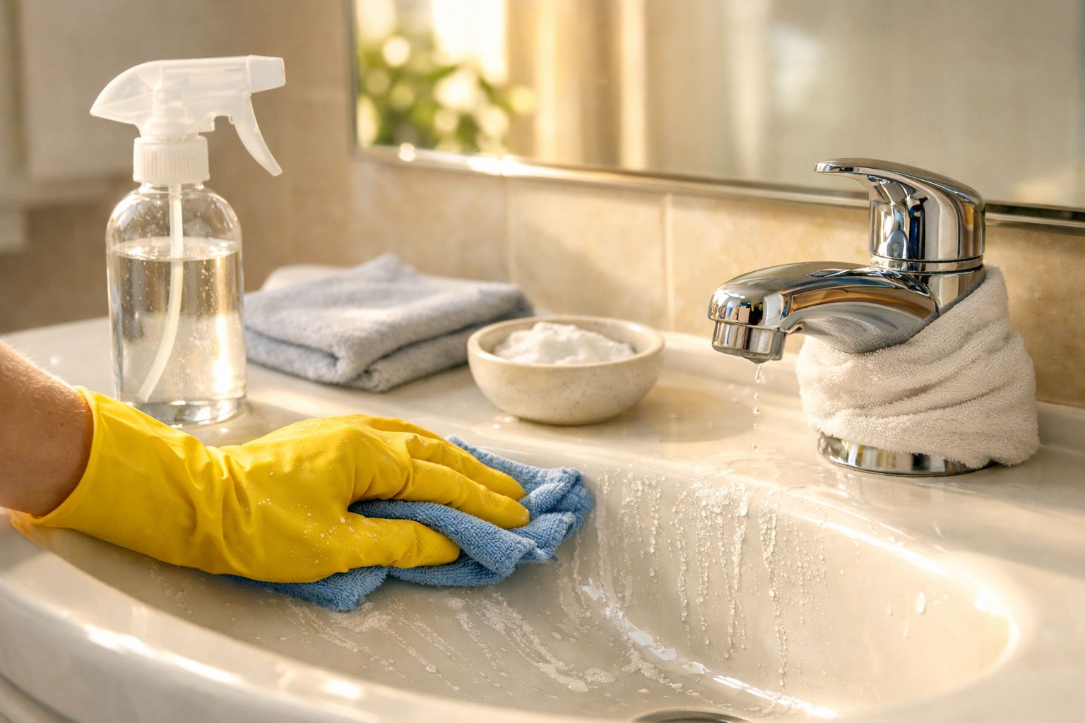 Mão com luva amarela a limpar um lavatório de casa de banho com um pano azul, garrafa de spray ao fundo.