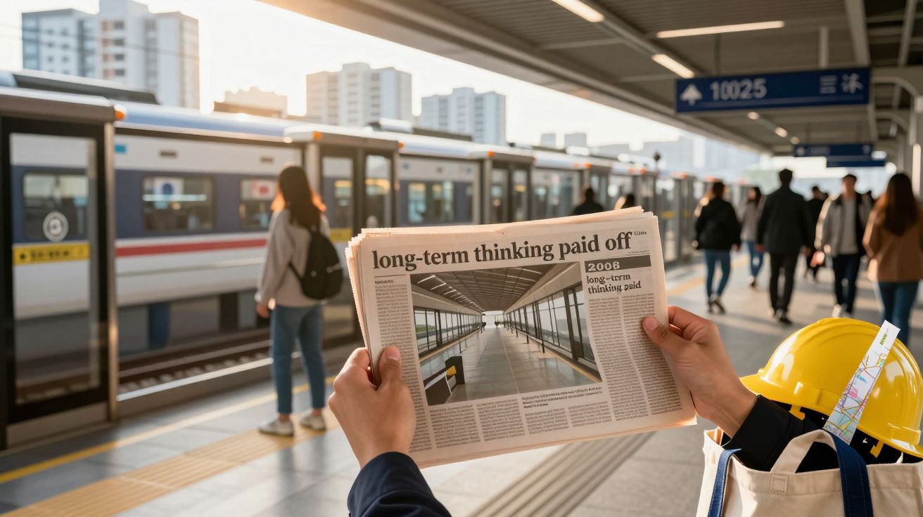 Pessoa segura jornal numa estação de comboio movimentada; manchete: "long-term thinking paid off".