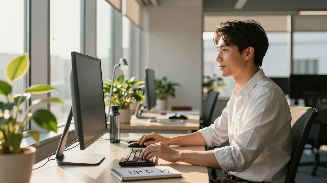 Homem a trabalhar num escritório iluminado, sentado à secretária, a usar computador, com plantas ao fundo e apontamentos.
