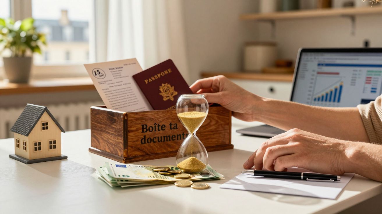 Mesa com caixa de documentos, passaporte, ampulheta, notas e moedas, computador com gráfico e casa em miniatura.