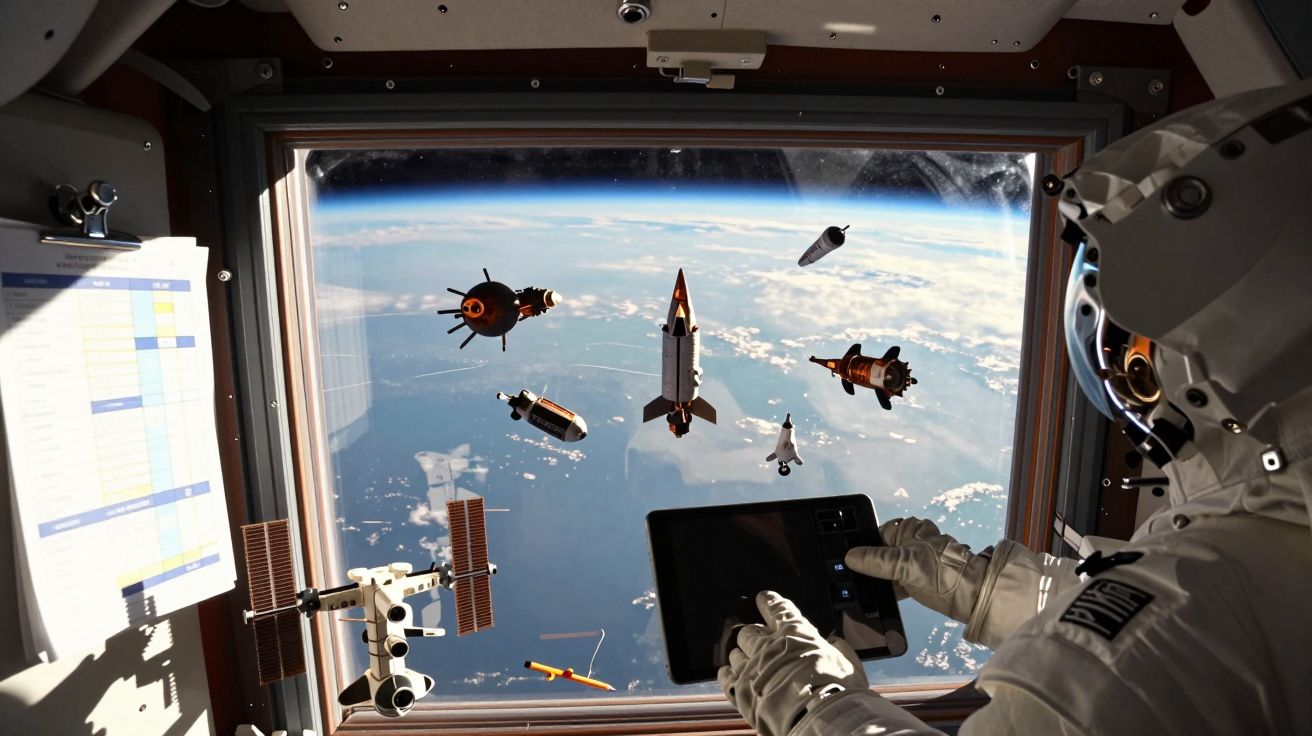 Astronauta observa miniaturas de foguetões a flutuar no espaço através de janela da estação espacial.