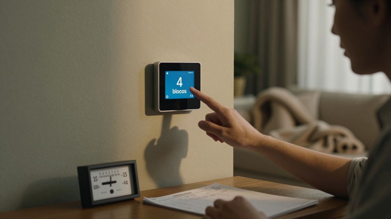 Pessoa ajusta termóstato moderno na parede, exibindo "4 blocos", enquanto consulta notas numa mesa com um relógio.