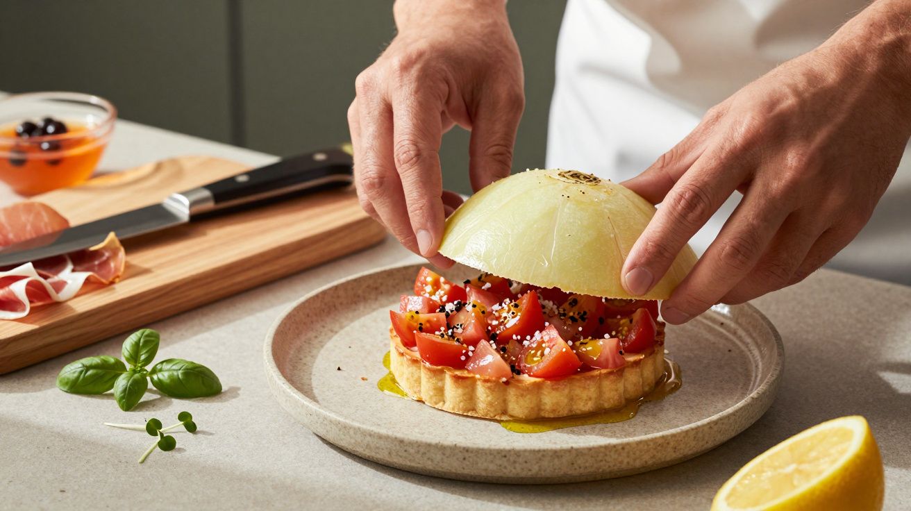 Chef monta uma tarte com tomates e sementes, cobrindo-a com meia cebola num prato de cerâmica.