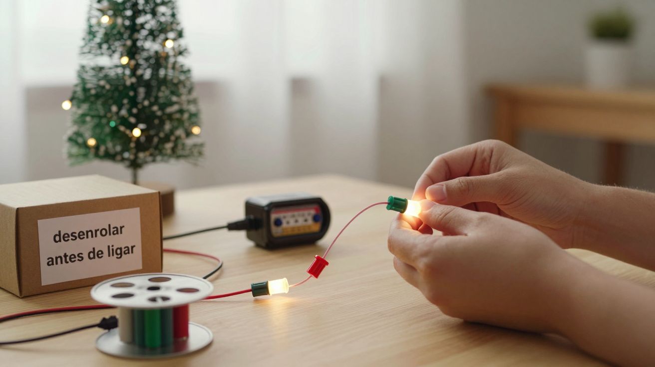 Mãos ligando luzes de Natal num fio vermelho, com árvore iluminada ao fundo e caixa com aviso para desenrolar antes de ligar.