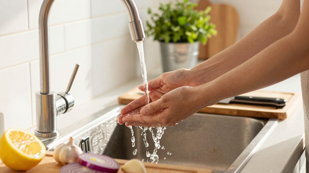 Mãos lavando sob uma torneira na cozinha; cebola, alho e limão no balcão.