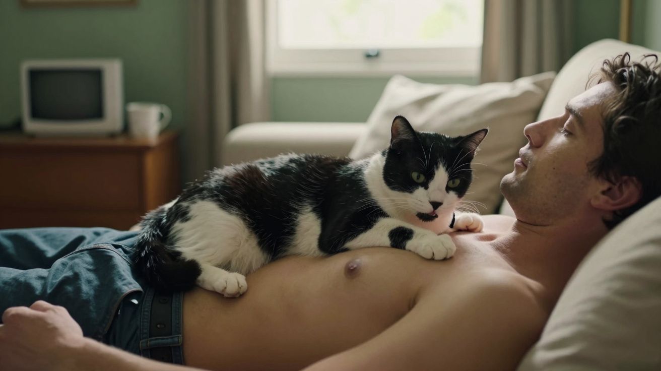 Homem deitado no sofá com um gato preto e branco a descansar sobre o seu peito.