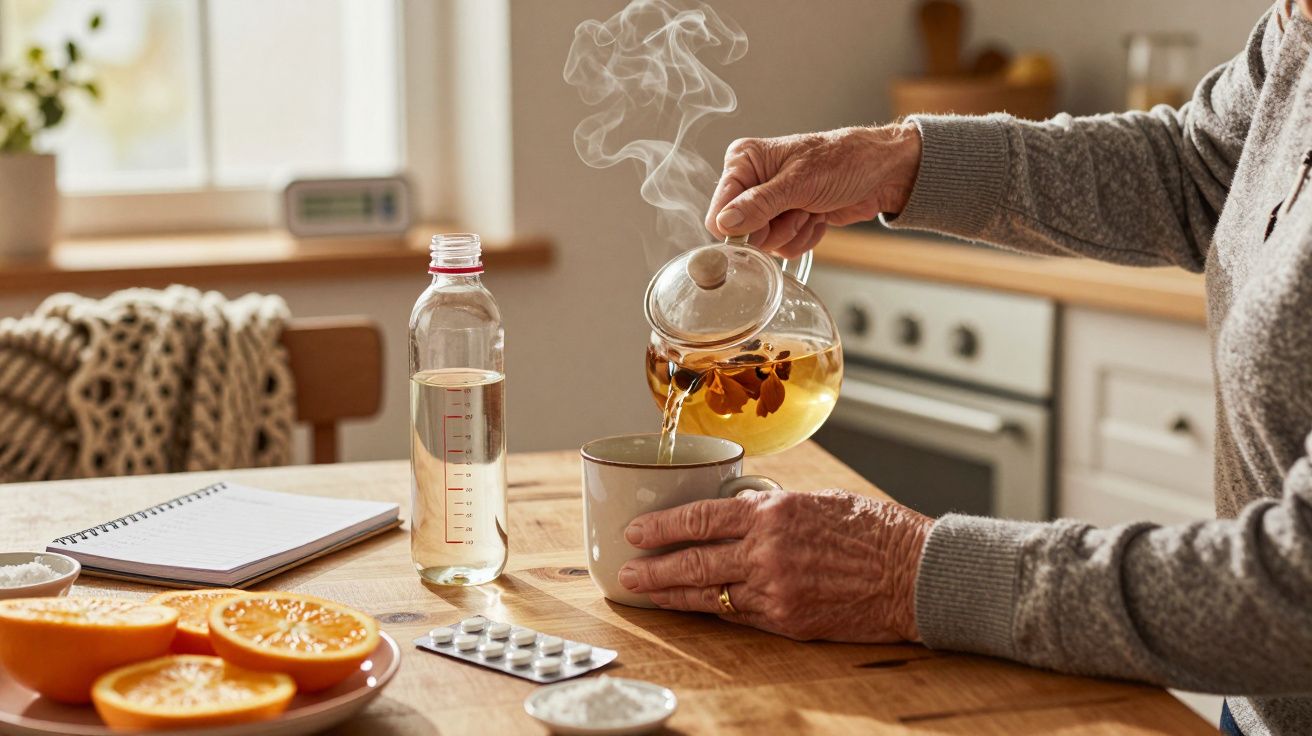 Pessoa a servir chá quente numa chávena, com comprimidos e laranjas numa mesa de cozinha iluminada pelo sol.