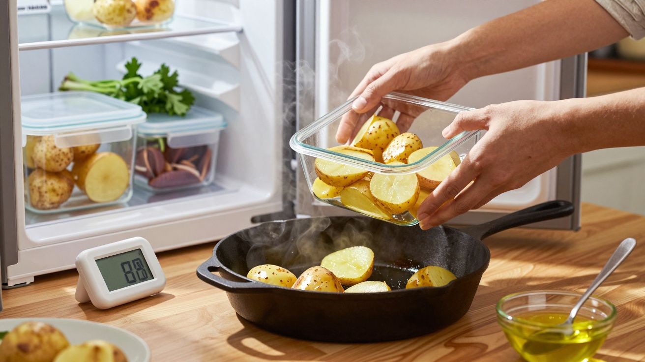 Pessoa a cozinhar batatas numa frigideira, com ingredientes no frigorífico ao fundo e azeite à esquerda.