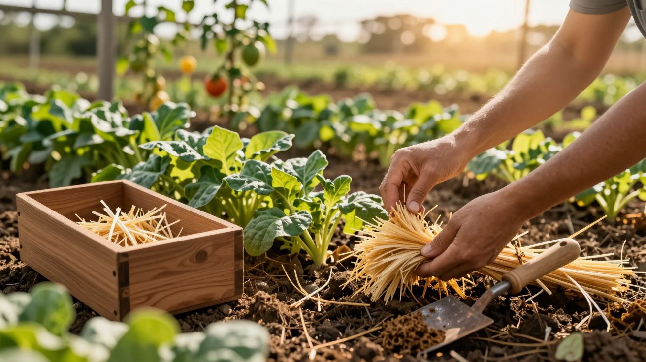 Mãos colocando palha numa horta ensolarada, com couves e uma caixa de madeira ao lado.
