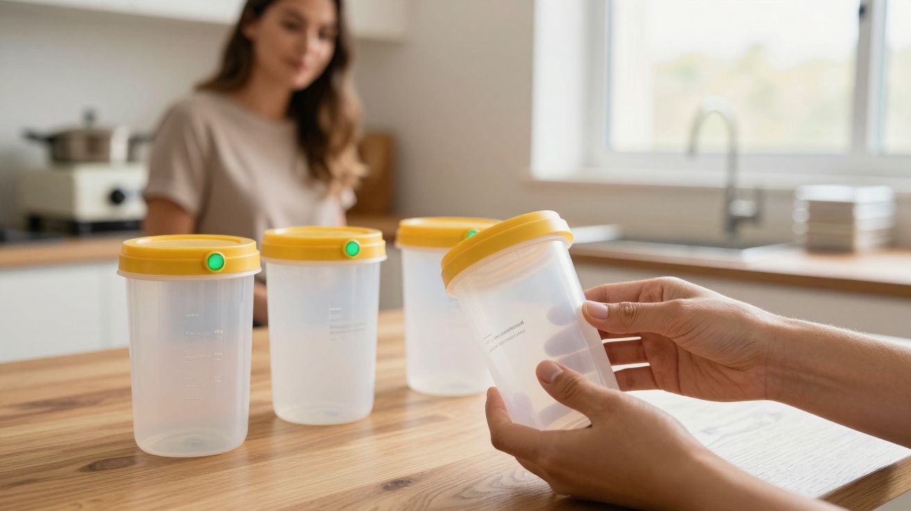 Mãos segurando recipientes plásticos com tampas amarelas numa cozinha, mulher ao fundo desfocada.