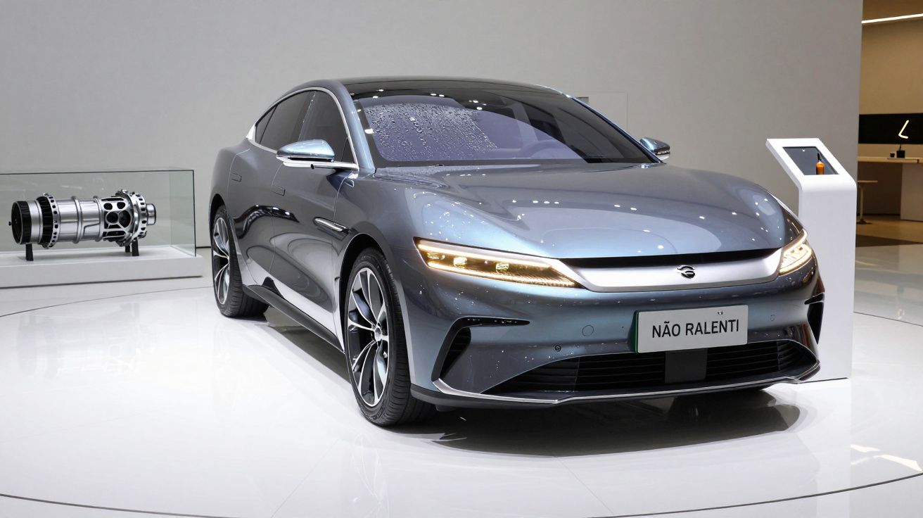 Carro elétrico cinzento em exibição num stand, com design futurista e placa "NÃO RALENTI".