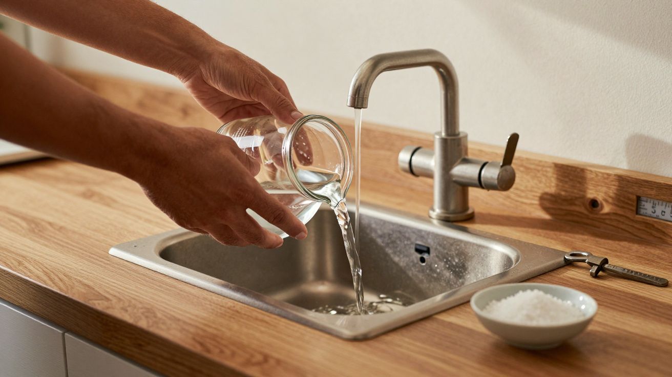 Mãos a despejar água de um jarro num lava-loiça, ao lado de uma torneira metálica e um prato com sal.