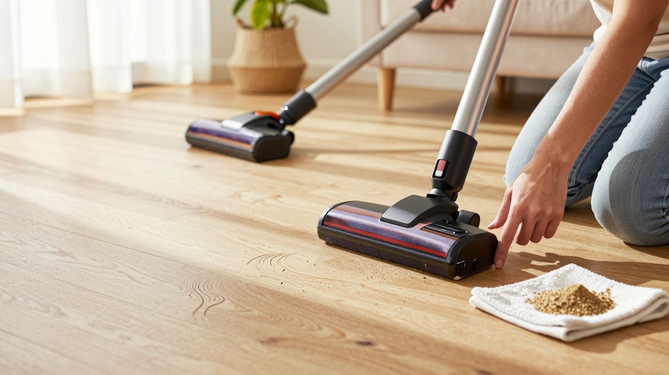 Pessoa a utilizar um aspirador manual para limpar migalhas do chão, com um pano ao lado.