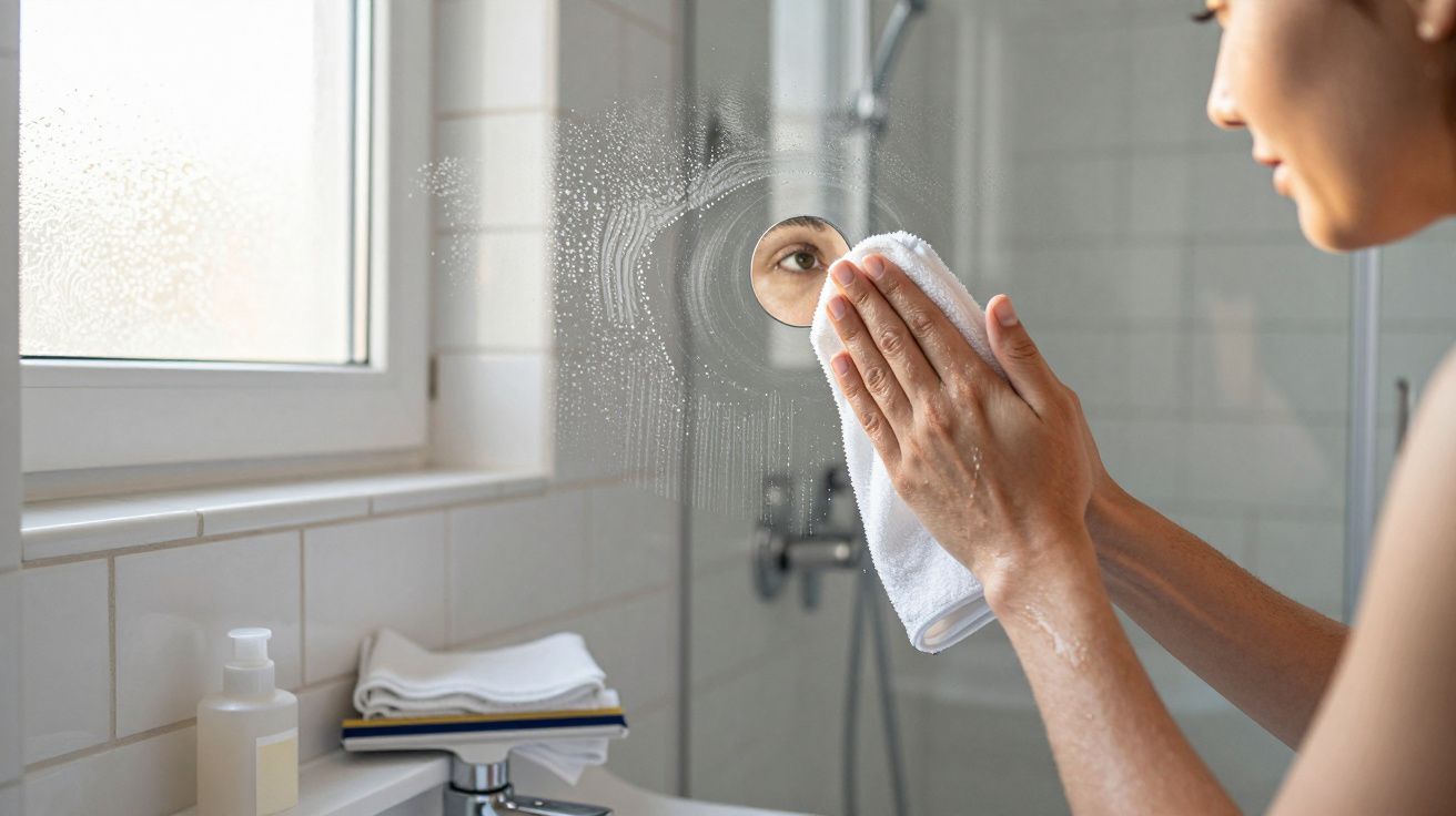 Pessoa a limpar espelho embaciado com pano, deixando apenas um olho visível.
