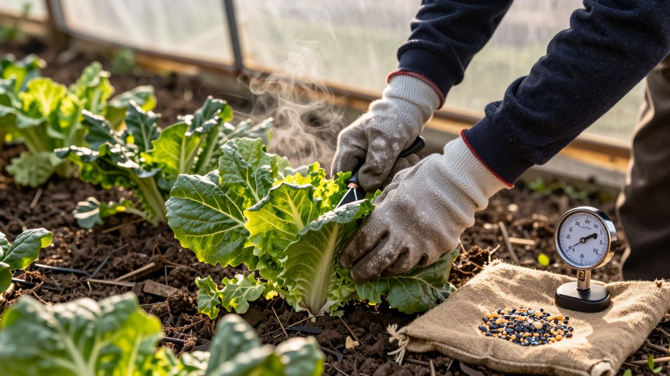 Pessoas colhem alface em horta, com termómetro e sementes ao fundo.