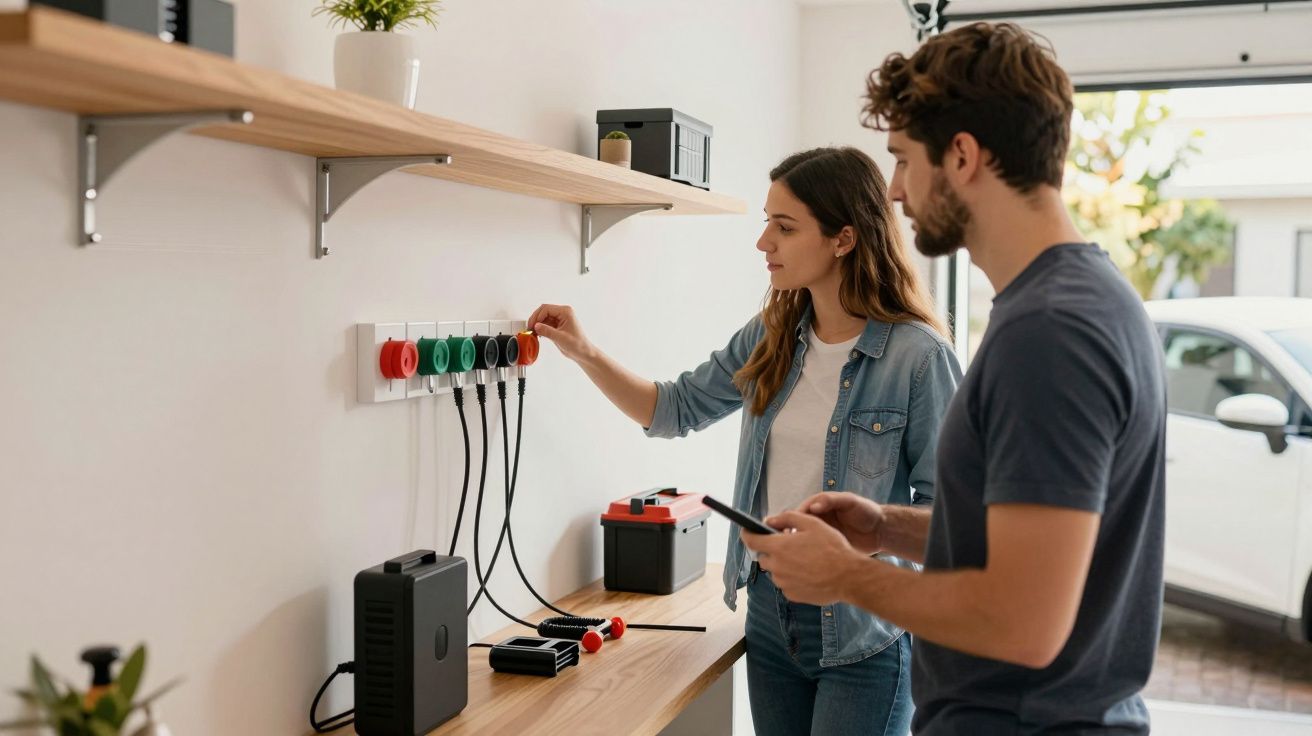 Homem e mulher em oficina, ajustando cabos elétricos numa mesa com ferramentas e dispositivos.