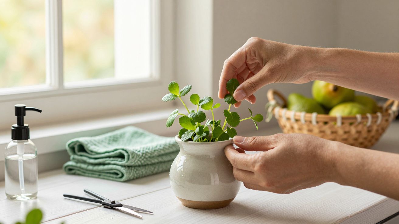 Mãos cuidam de planta em vaso branco, junto a tesoura, toalha e garrafa, com janela e cesto de maçãs ao fundo.
