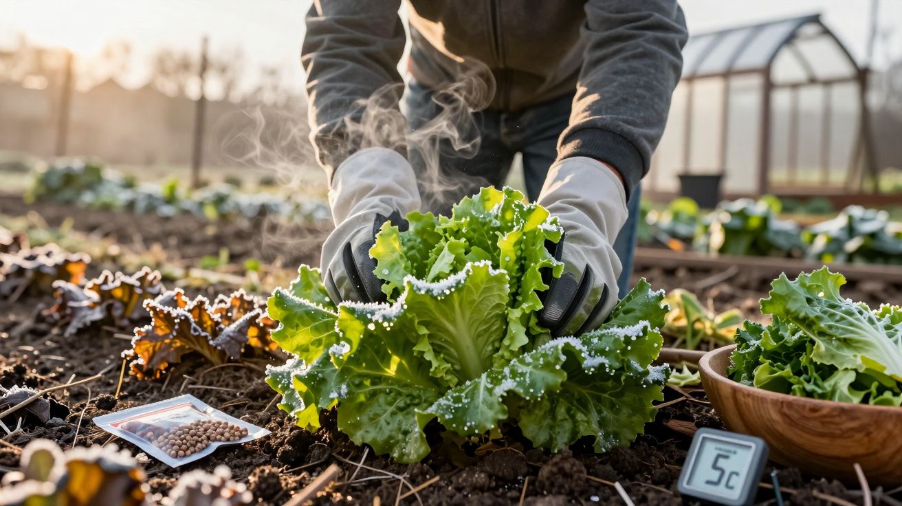 Pessoa de luvas a colher alface fresca num jardim, com sementes e termómetro a 5°C ao lado.