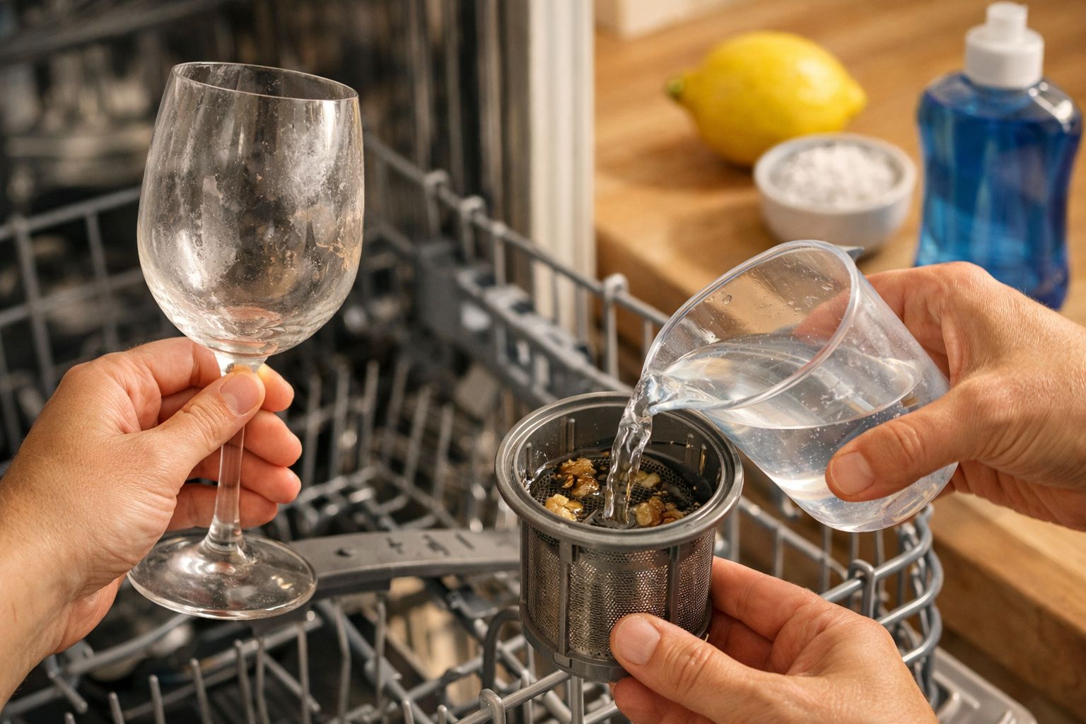 Mãos limpam filtro de máquina de lavar loiça, segurando copo sujo. Limão e detergente ao fundo.