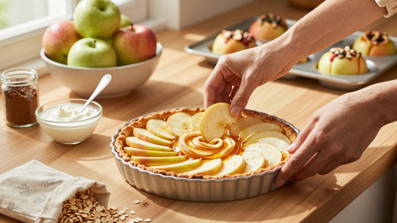 Pessoa decorando tarte de maçã fatiada numa bancada, com maçãs frescas e iogurte ao lado.
