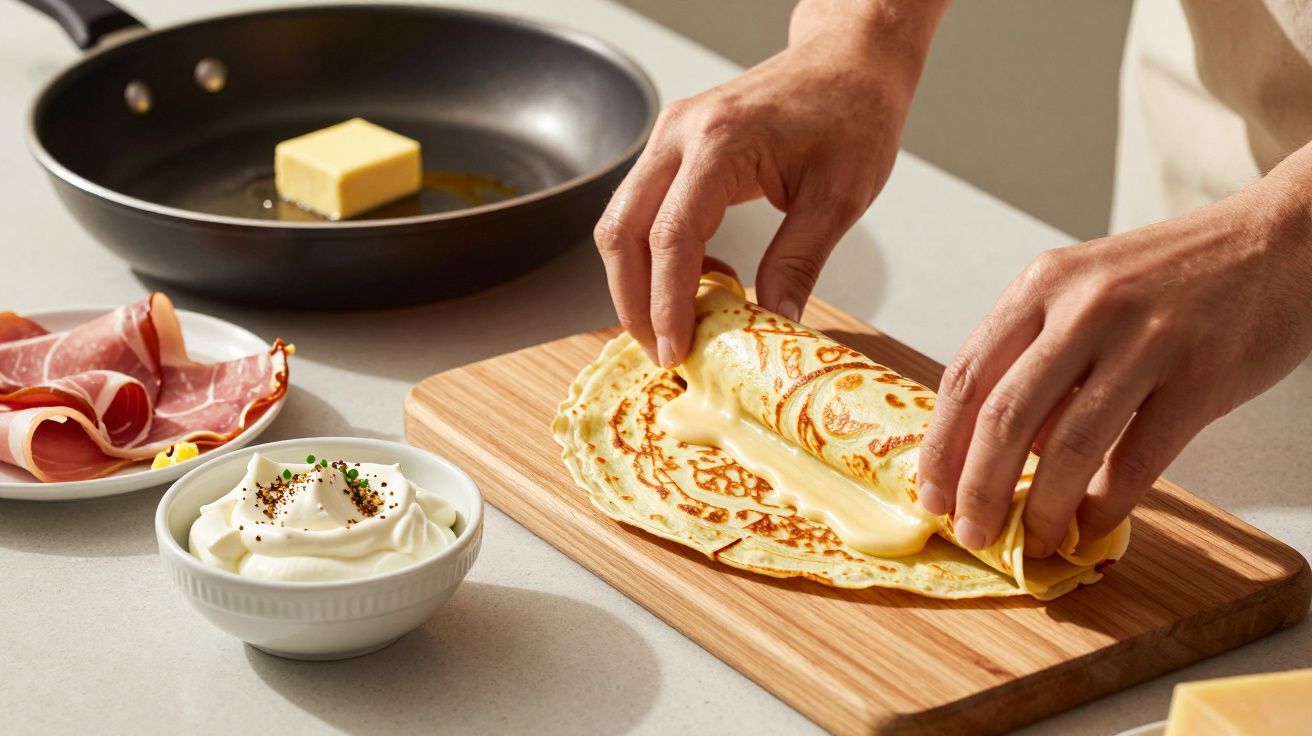 Mãos enrolando uma crepe com queijo. Ao lado, presunto, creme e frigideira com manteiga.