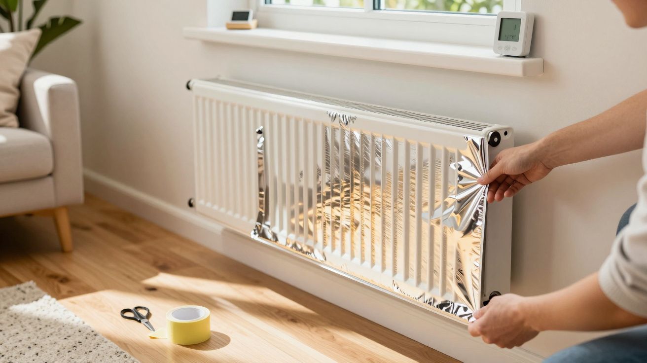 Pessoa coloca folha refletora atrás de um radiador branco numa sala, com tesoura e fita adesiva no chão.