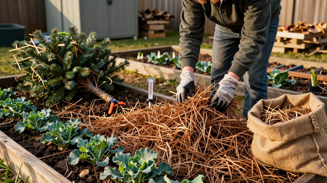 Pessoa a espalhar palha num canteiro de jardim com couves, usando luvas. Há um saco de palha e um abeto ao lado.