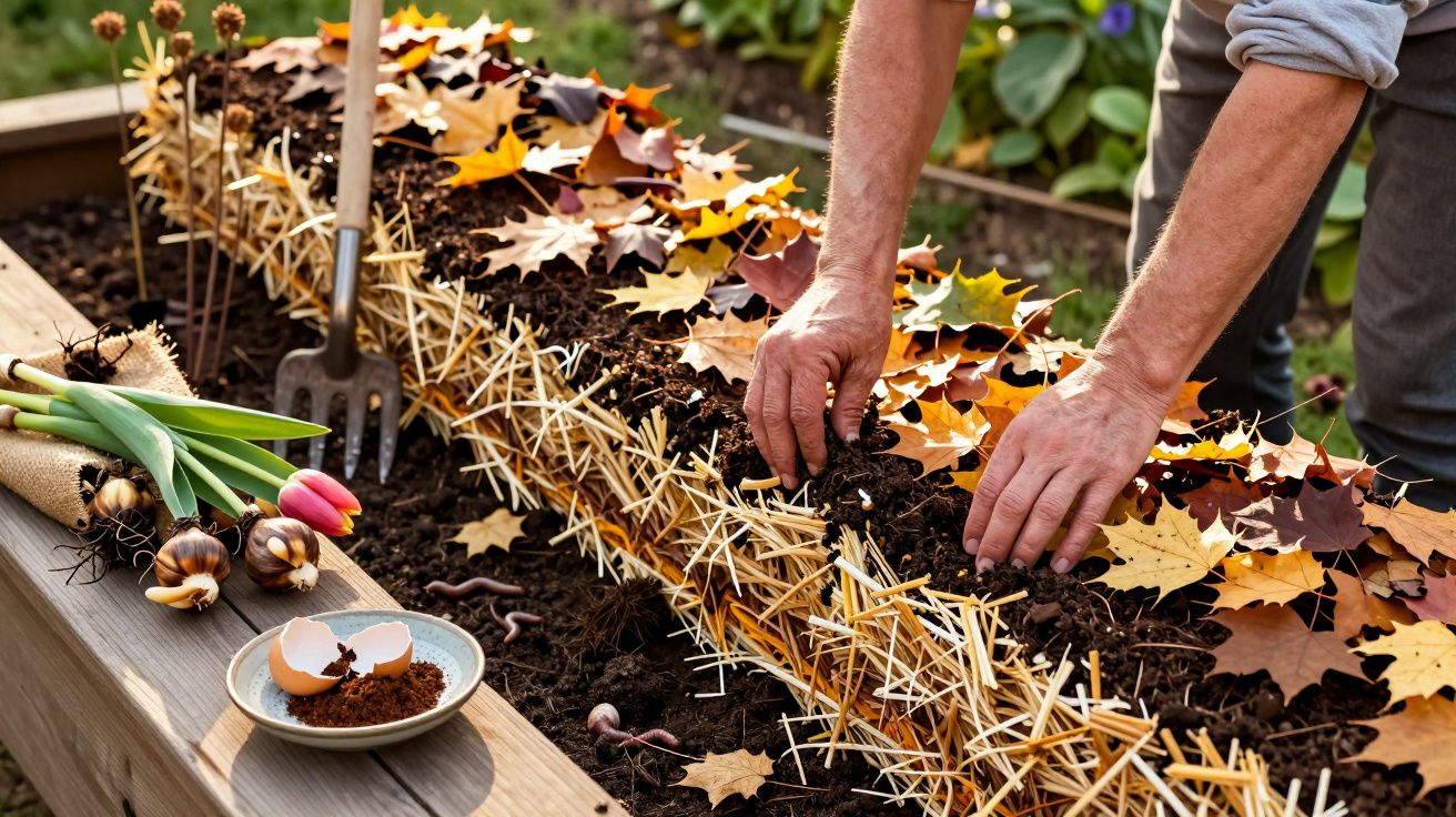 Mãos de pessoa plantando cebolas em canteiro com folhas secas e palha, ao lado de flores e cascas de ovo.