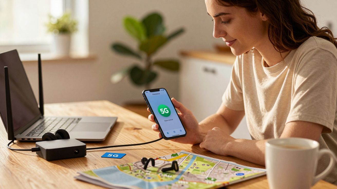 Mulher olhando para smartphone com ícone 5G, sentada à mesa com portátil, auscultadores, mapa e chávena.