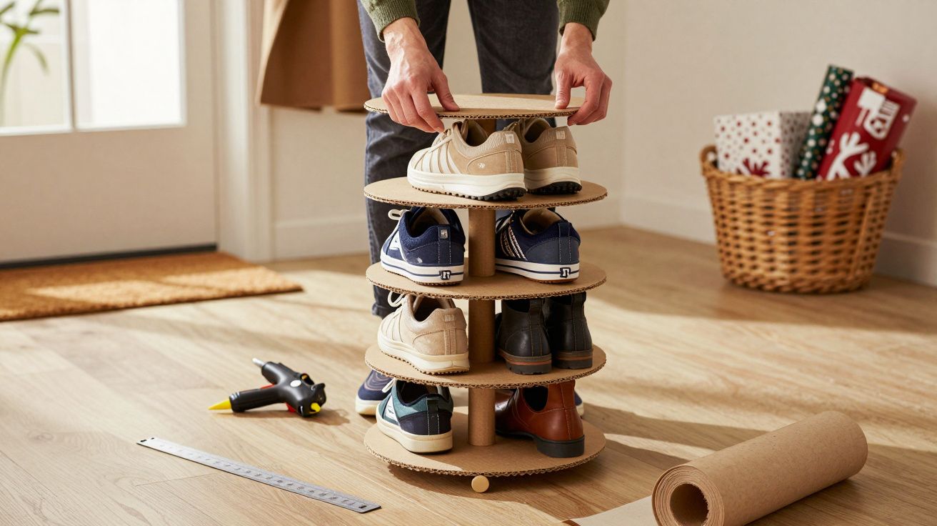 Homem a montar um organizador de sapatos em cartão num quarto com chão de madeira. Ferramentas visíveis no chão.