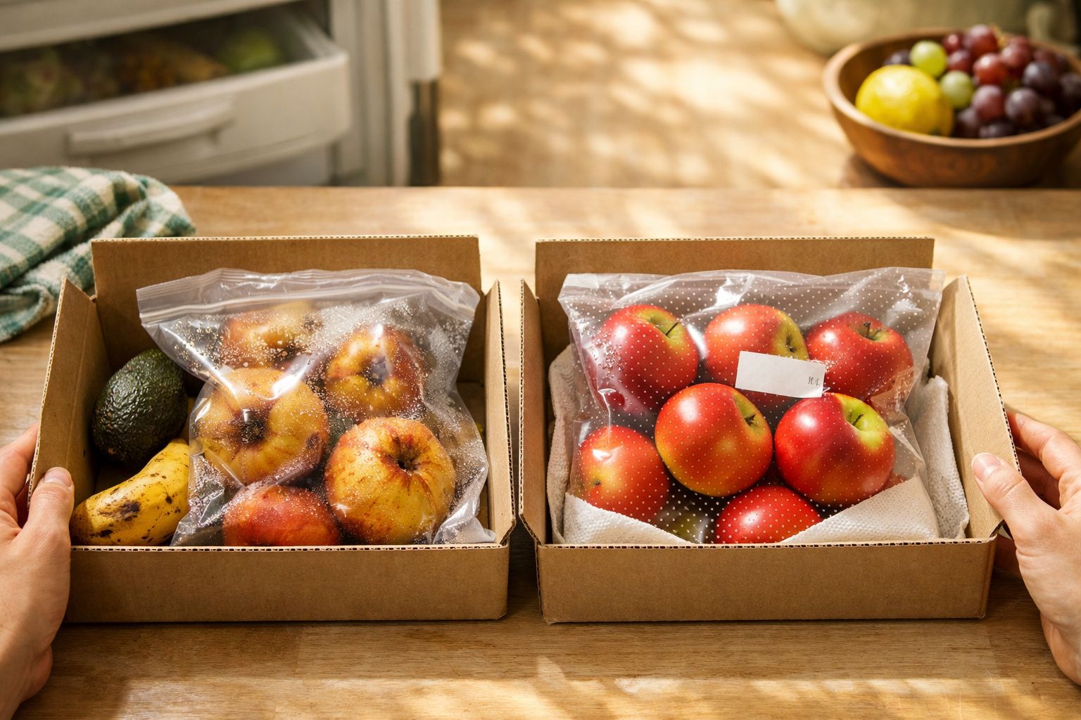Duas caixas de papelão: uma com maçãs embaladas, outra com abacate, banana e pêssegos embalados, sobre uma mesa de madeira.